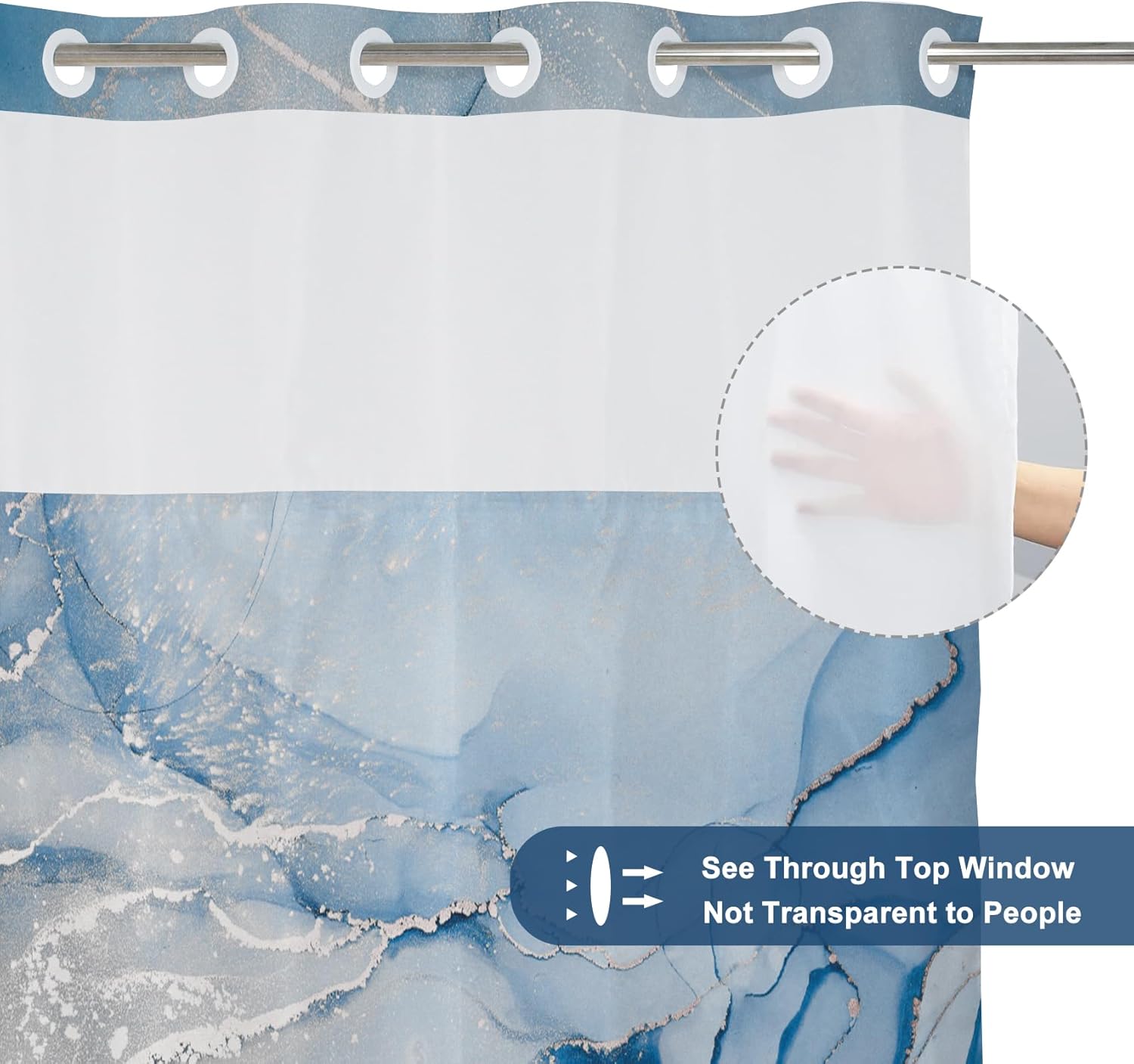 AWERT No Hook Shower Curtain with Snap in Liner Blue Marble Shower Curtain and Liner Set Double Layers Waterproof Fabric and See-Through Top Window Bathroom Decorative 71x83inch