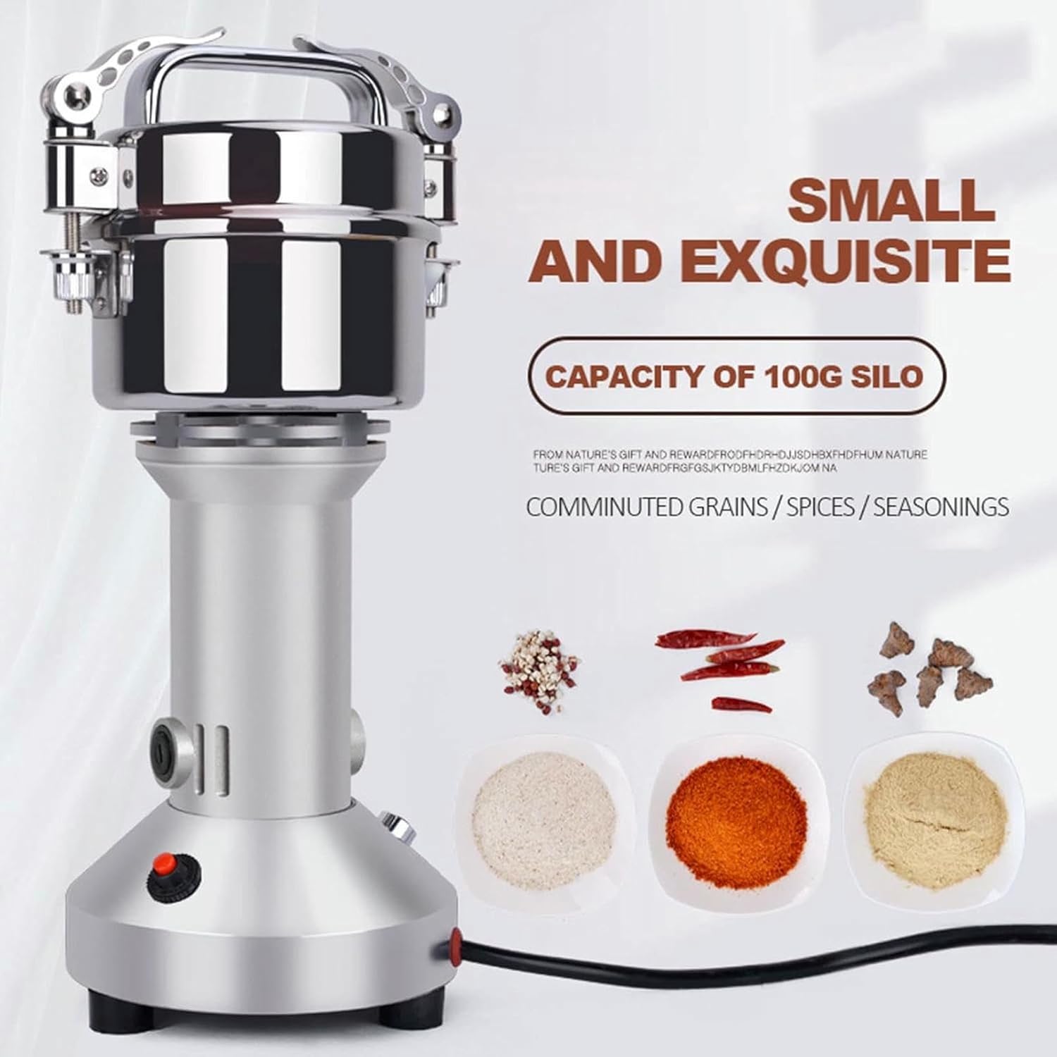 100G Electric Grain Mill Grinder Herb Grinder Stainless Steel Cereal Pulverizer Powder Machine for Kitchen Cereal Coffee Pepper Beans