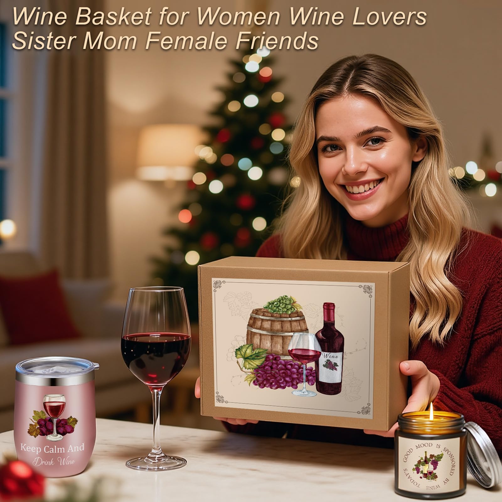 Sieral 7 Pack Funny Wine Mother's Day Gifts Set Include Stainless Steel Tumbler Scented Candle Kitchen Towel Crew Sock Makeup Bag Raffia Gift Box for Wine Lover Mom Sister Friends Coworker