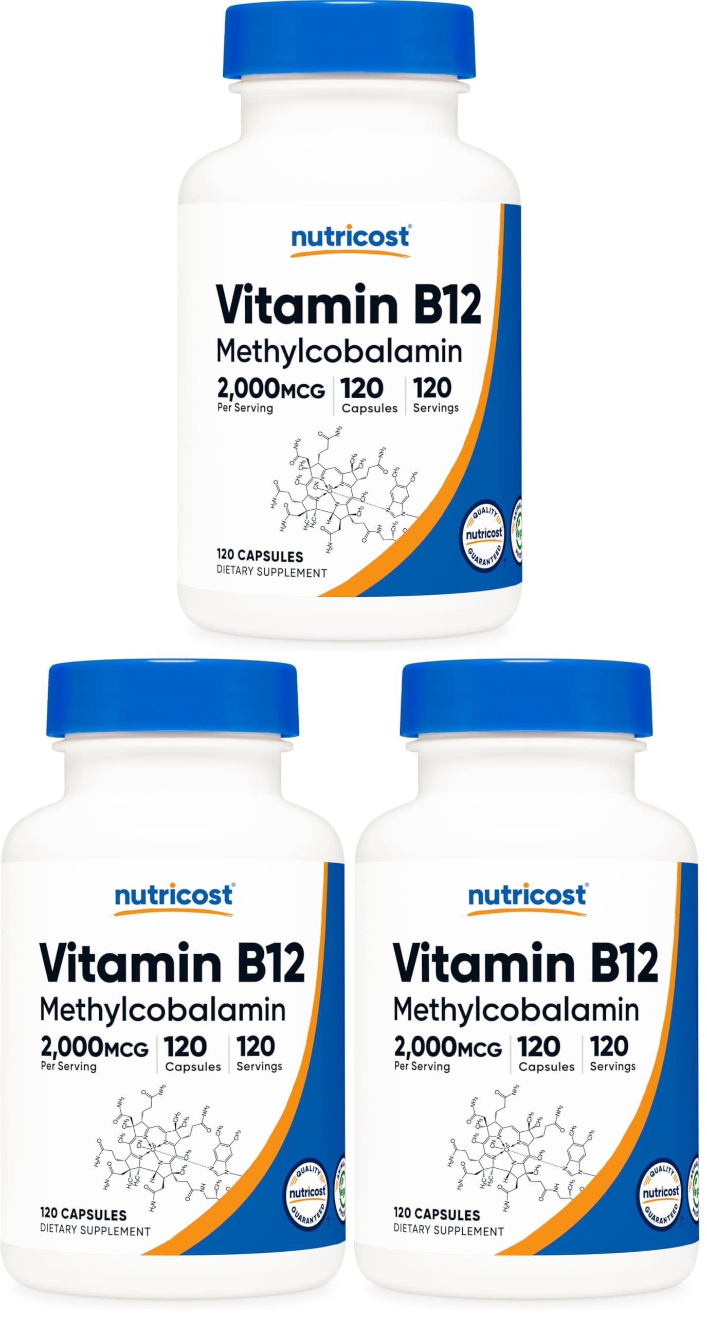 Nutricost Vitamin B12 (Methylcobalamin) 2000mcg, 120 Capsules - Vegetarian Caps, Non-GMO, Gluten Free B12 Supplement (Pack of 3) 120 Count (Pack of 3)