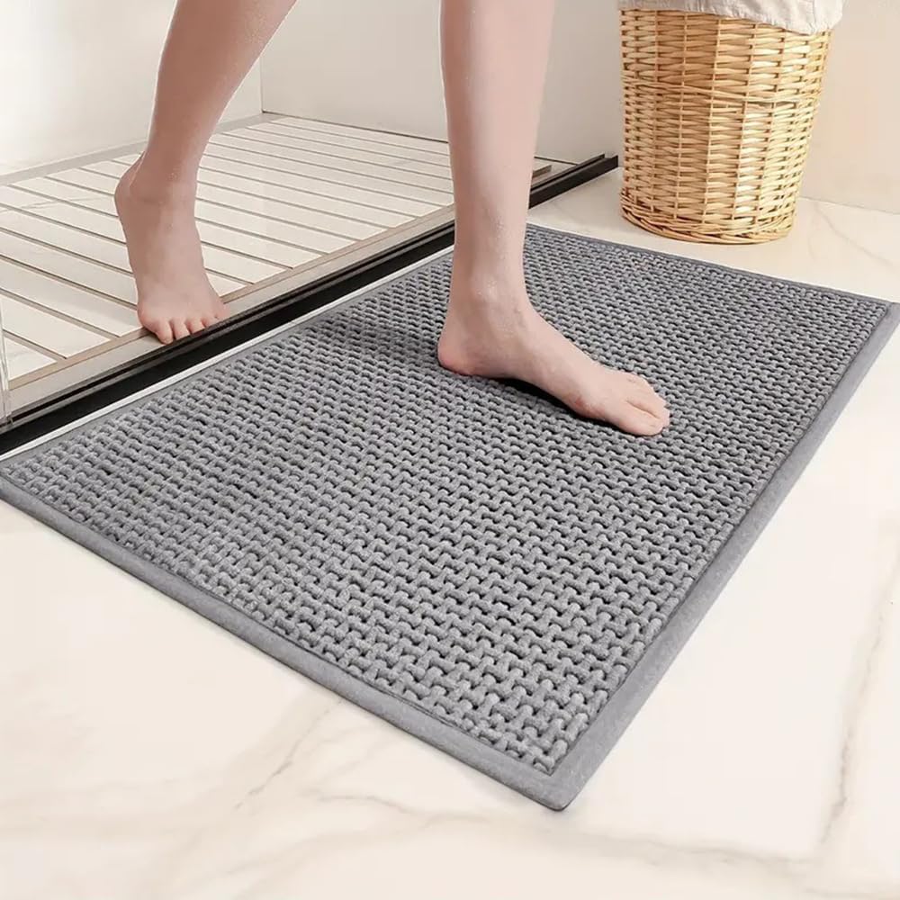 Bathroom Rug Mat, Chenille Bath Mat with Non Slip Rubber Backing Soft and Absorbent Quick-Dry Runner Rug for Bath Floor Tub and Shower Floor Beige 20"x47"