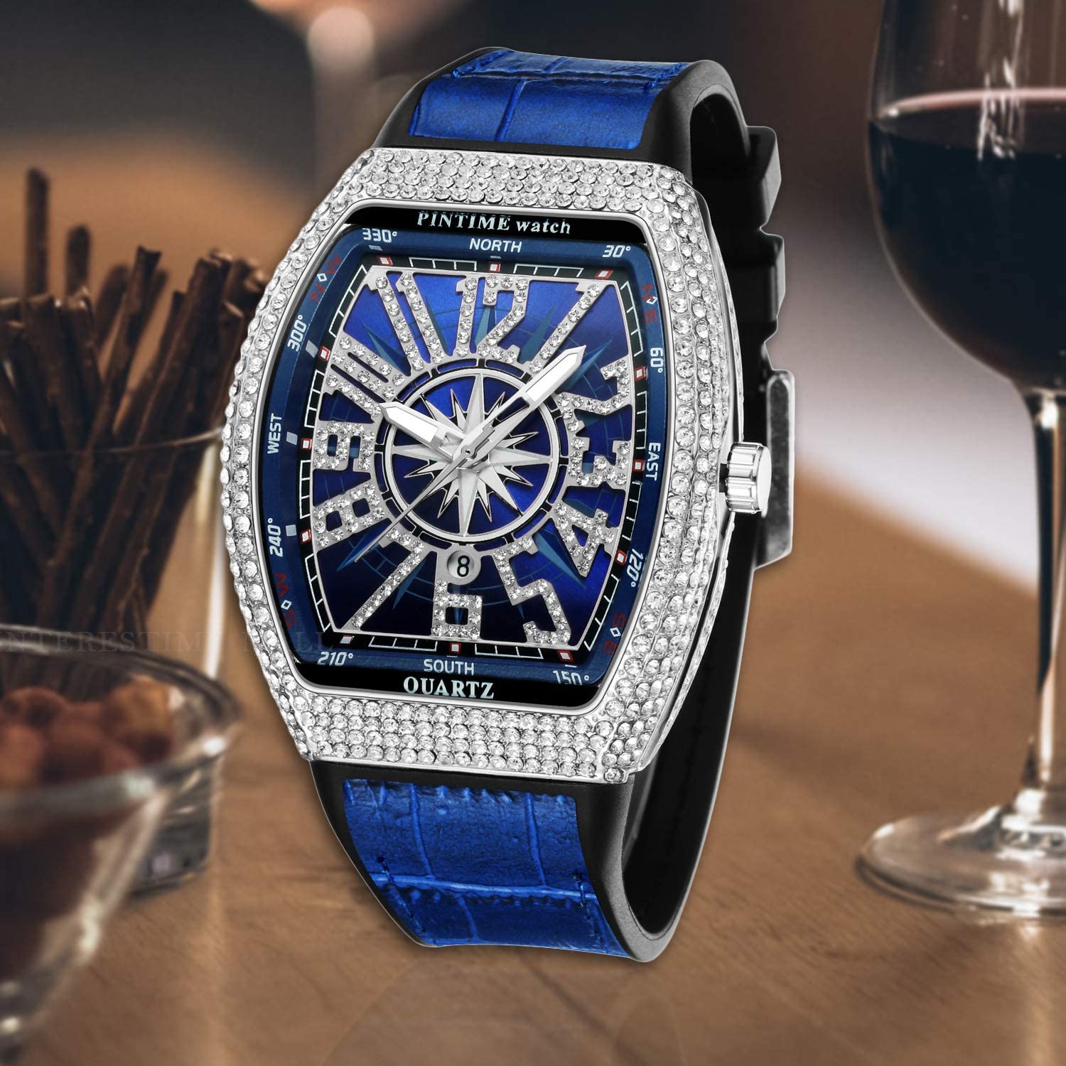 Gosasa Reloj de Pulsera analógico de Cuarzo de Acero Inoxidable para Hombre, diseño de Hip Hop, con Cristales Brillantes, Caja Rectangular