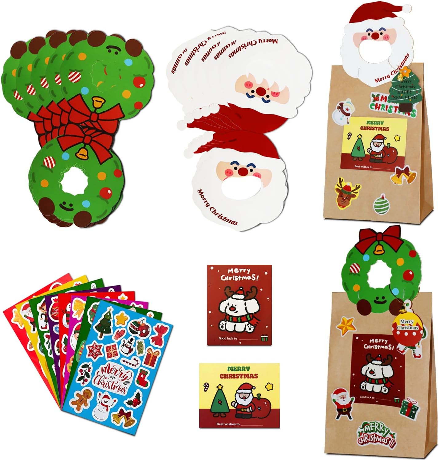 Diteje 20 Pack Card Head,Santa & Wreath Christmas Kits with Bags Tags Bells | Foldable Hanging Handle,With Kraft Paper Bags, Name Labels and Bells,for DIY Xmas Gift Wrapping,Holiday Present,Party Decor