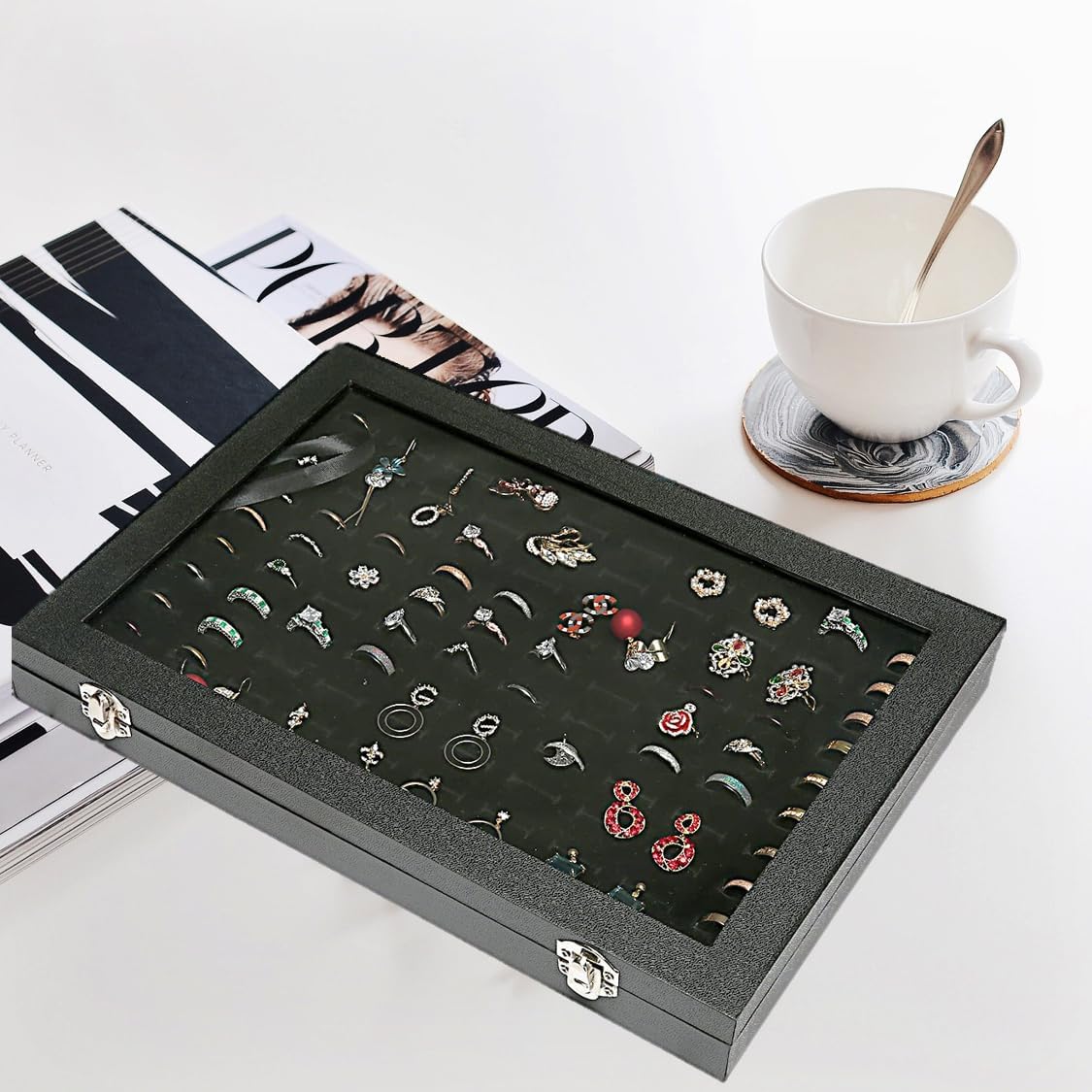 100-Slot Ring Organizer Box with Transparent Lid - Faux Leather Dust-Proof Jewelry Storage Case, Space-Saving Design for Ring Display at Home or Store