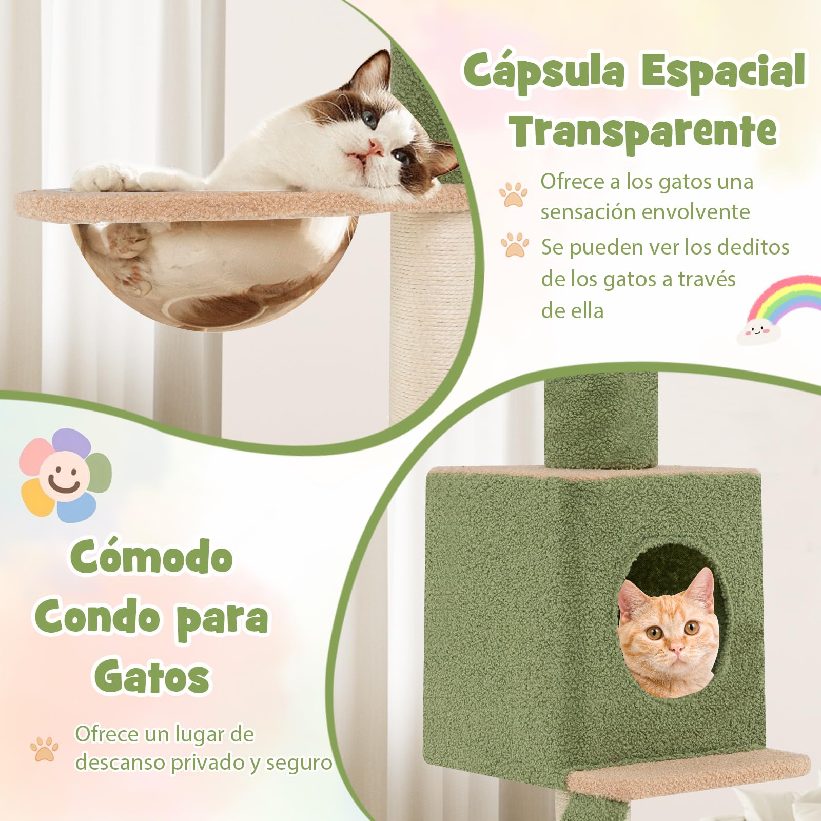 COSTWAY Árbol para Gatos de Suelo a Techo, Rascador para Gatos de 218-253 cm, Torre para Gatos con Cápsula Transparente, Condo, Postes de Rascado de Sisal, Cuerda, Árbol de Actividad para Gatos