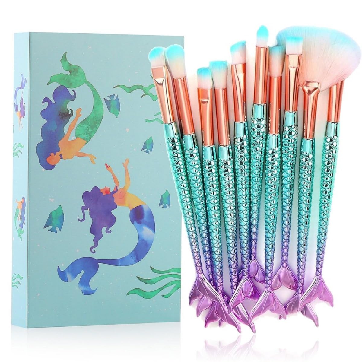 10 Pcs Mermaid Makeup Brush Set – Professional Cosmetic Brushes with Fish Tail Handle, Soft Synthetic Bristles for Foundation, Blush, Eyeshadow & Face Makeup (Aqua Blue & Purple)-image-20