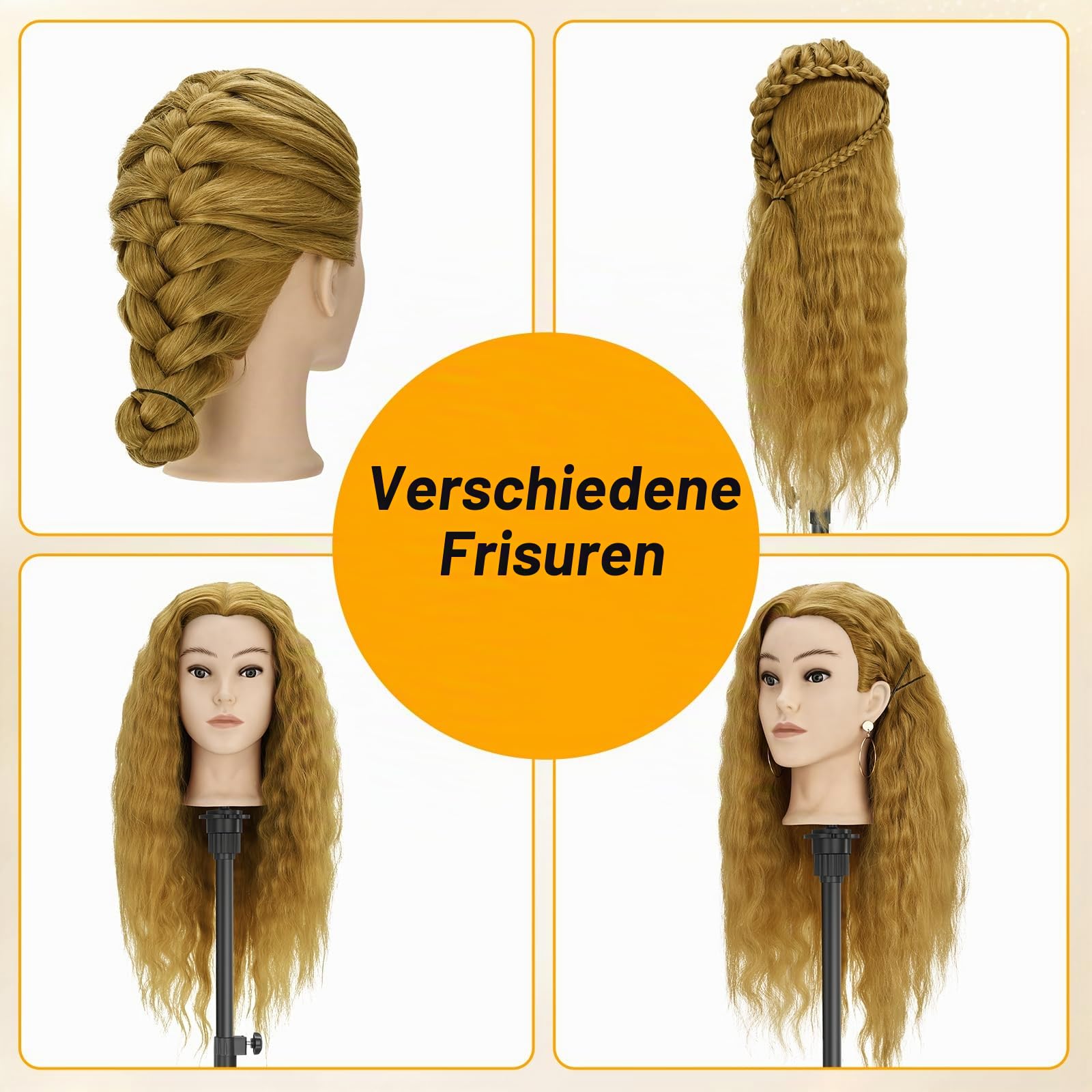 Frisierkopf Echthaar mit Stativ, Trainingskopf mit 90% Echthaar 61cm/24inch, Schaufensterpuppe Kopf Übungskopf, Frisieren Kosmetologie Puppe Kopf mit Tischklemme Halter und Friseur-Werkzeug-Set