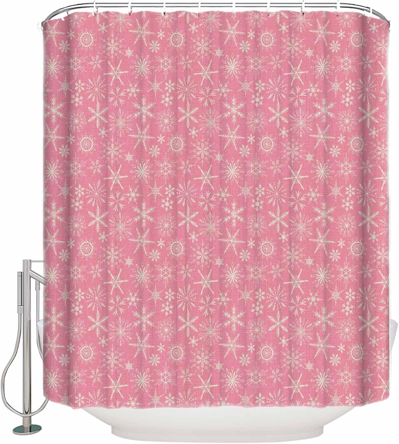 Fantasy SnowflakeShower Curtain Set with Hook 72" x 96",Washable Cloth Polyester Fabric Shower+Curtain,Waterproof Bath Curtains for Bathroom,Showers,Bathtubs Decor Christmas Vintage Farmhouse Pink