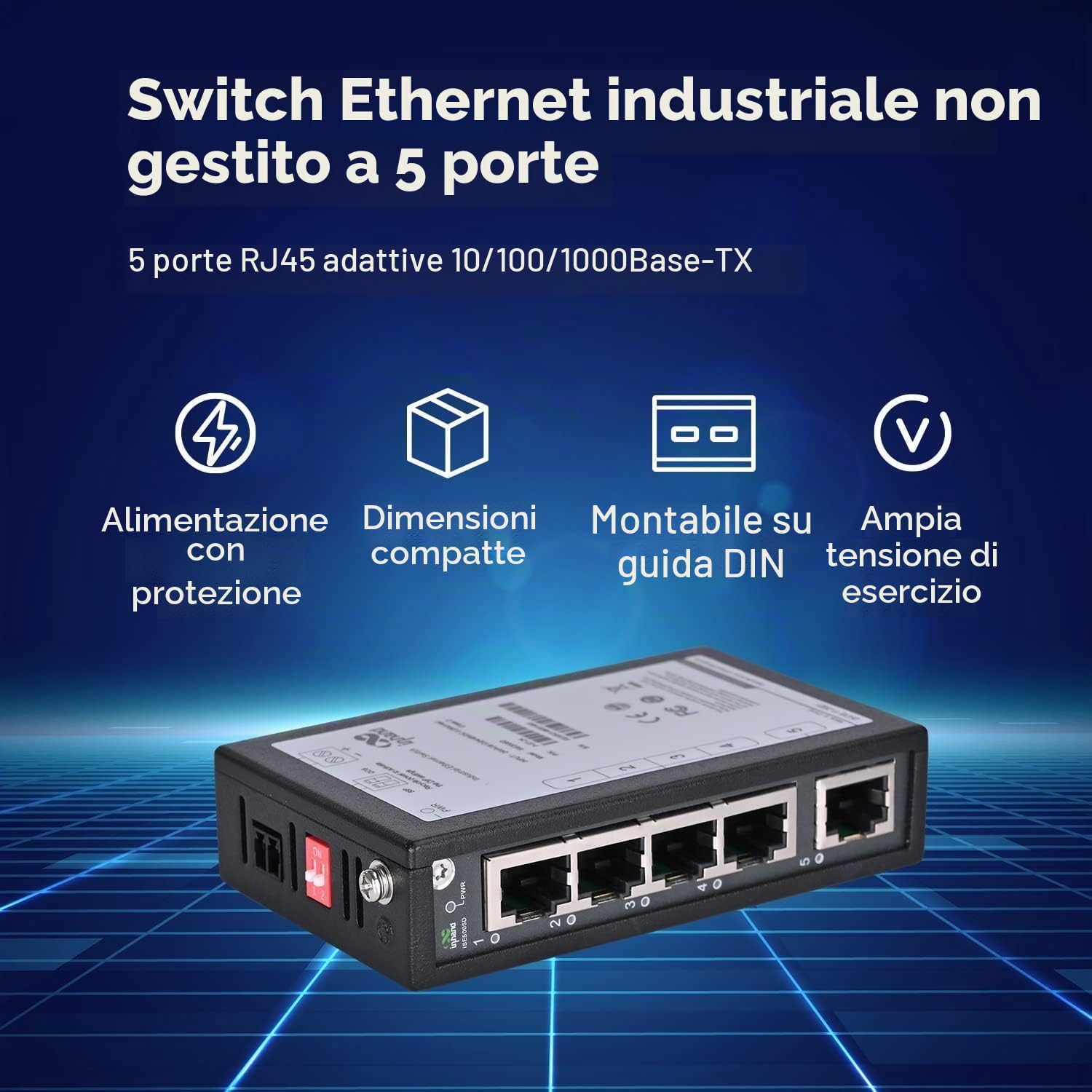 InHand Networks - Switch di Rete Industriale a 5 Porte 10/100/1000 Base-T(X) RJ45, IP30, DIN Rail, Certificazione FCC/CE/UL