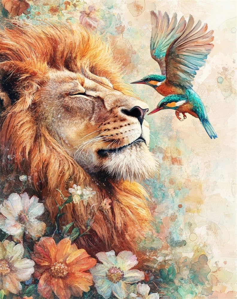 Henypt Stamped Cross Stitch Kits Embroidery Kit Lion and A Kingfisher 11Ct Pre-Printed Fabric Home Decor Stamped Patterns Starter Kits for Beginner Adults