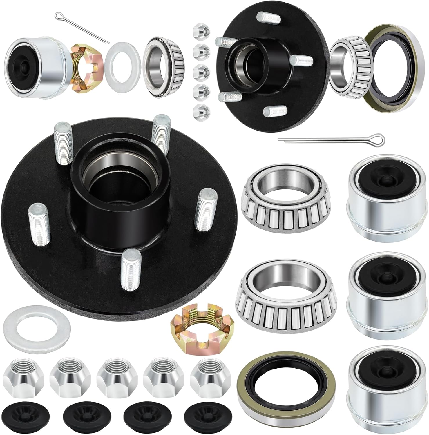 2 Sets Trailer Hub Kit 5 Bolt 4.5 for 3500 lb Trailer Axle, Including L44649 L68149 Bearing, Grease Seal, Dust Cap and Rubber Plug, Lug Nuts Fits for 1-1/16'' to 1-3/8" Trailer Axles #84 Spindle