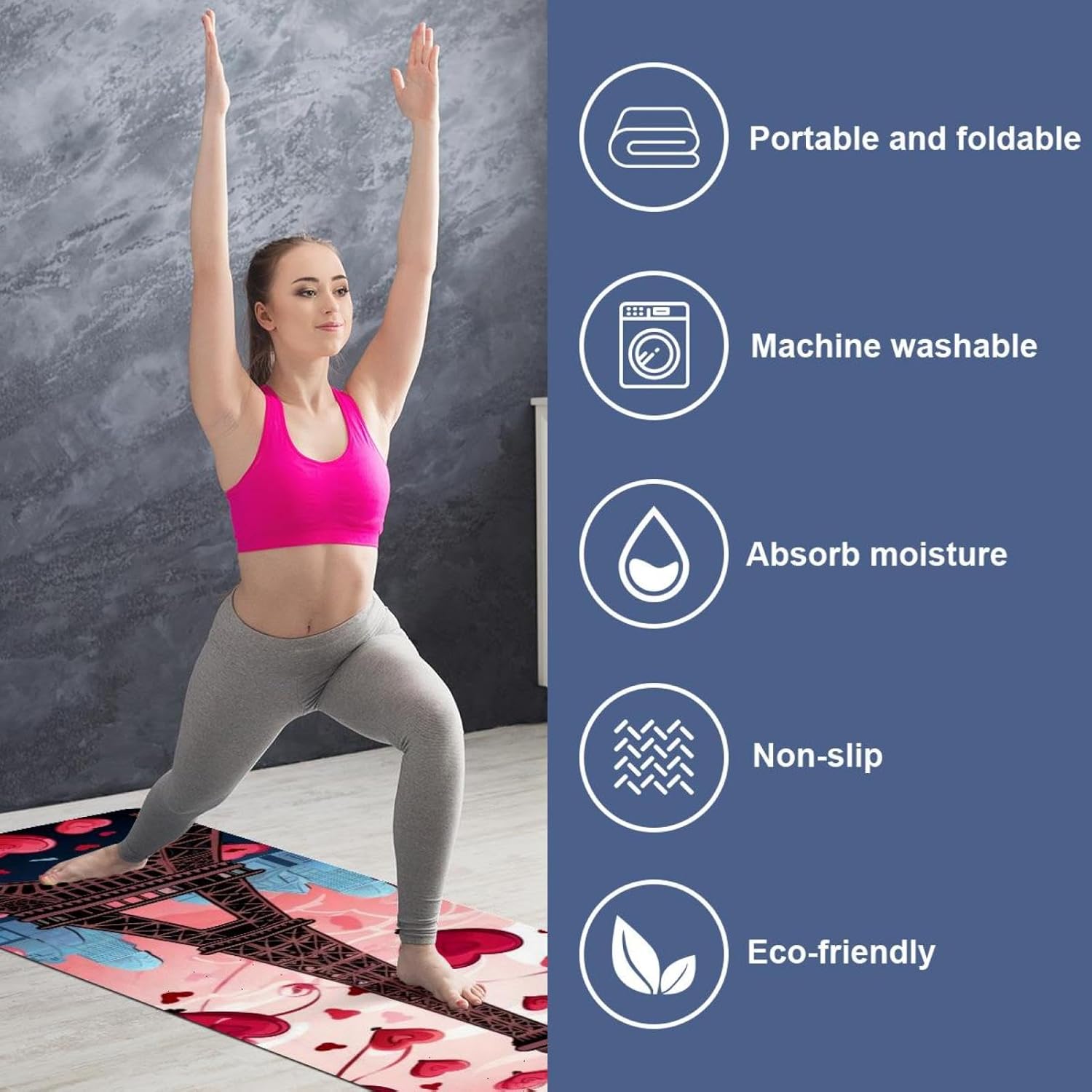 Yoga Towel, Eiffel Tower Valentine's Day Pattern Non Slip Sweat Absorbent Hot Yoga Mat Towel for Hot Yoga, Pilates and Fitness - 72.8" x 26.8"