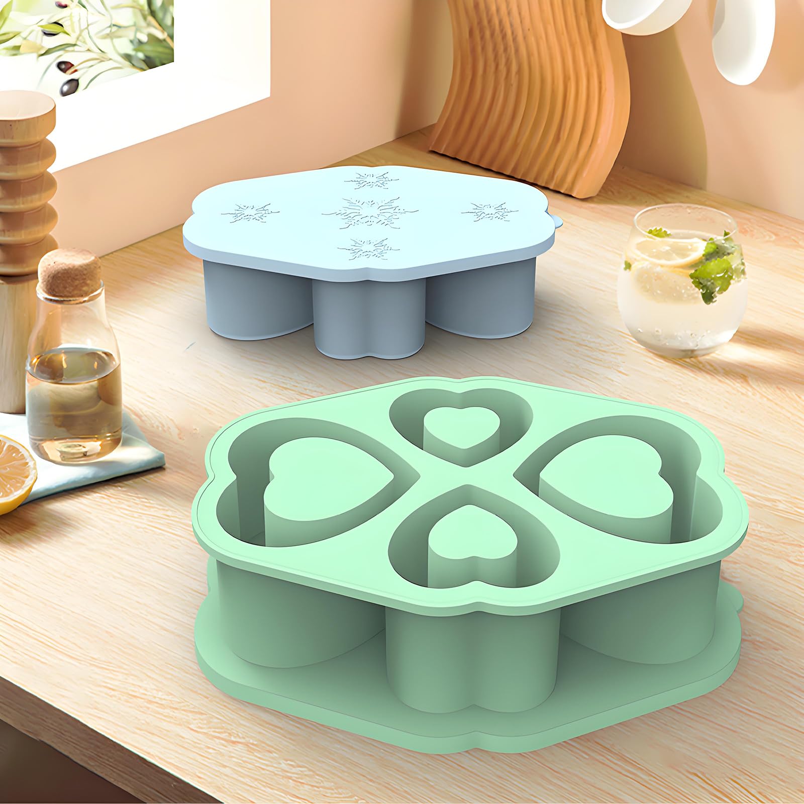 Juego de 4 bandejas de cubitos de hielo con patrón de corazón, para hacer hielo, refrigerar, bloque de hielo, silicona, juego de 4 unidades (verde)