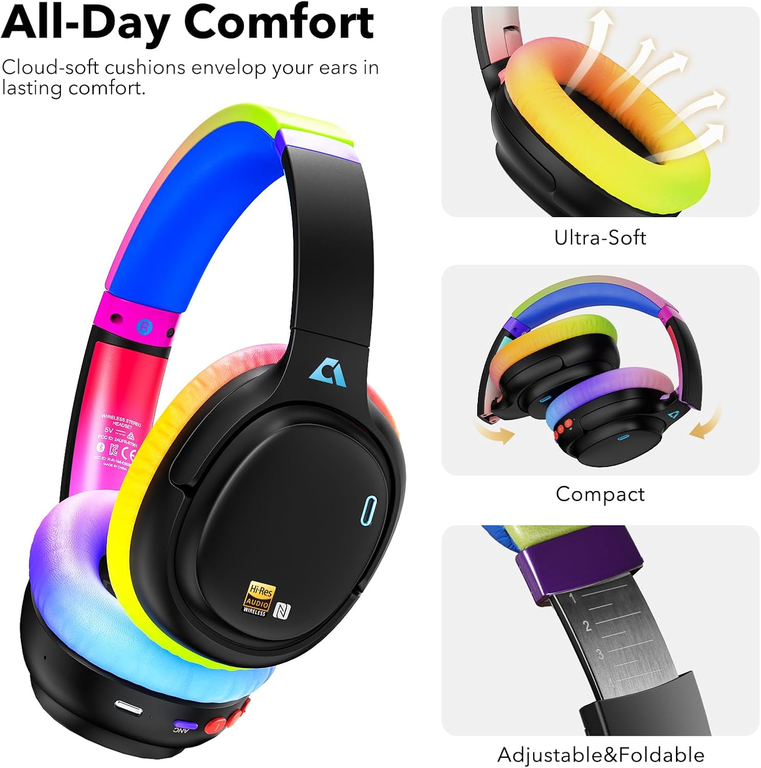 1Mii AI E700 Hybrid Active Noise Cancelling Headphones, Bluetooth Over Ear, Wireless Hi-Res Audio with LDAC & aptX Low Latency for Airplane Travel & Home TV, AI Translation Custom EQ via APP, Colorful - Image 6