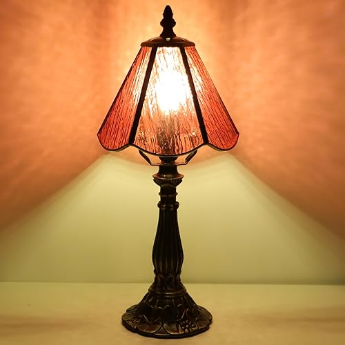 Miniatura 5 de Small Tiffany Table Lamp Pink Bark Pattern Style Stained Glass Desk Lamps 6X6X14 Inch Bronze Resin Base Antique Mini Accent Light Pink Bark