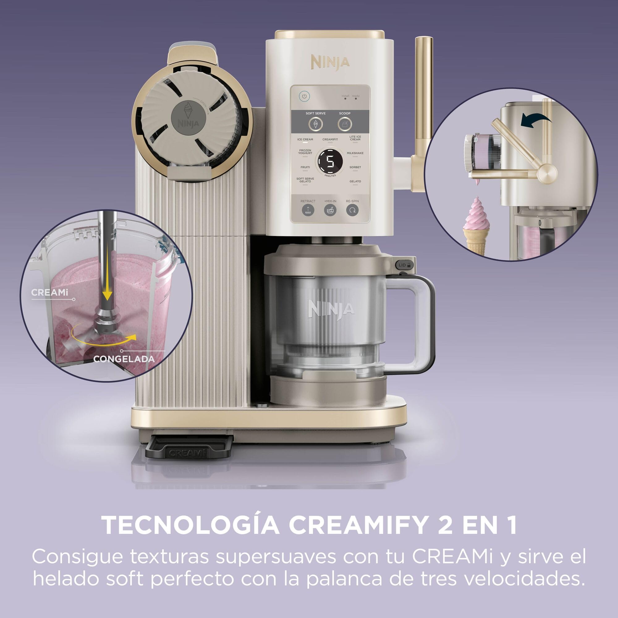Ninja CREAMi Scoop & Swirl La heladera con 2 tarrinas y 13 funciones prepara helados, helados cremosos, gelatos, batidos y más, y cuenta con la opción de añadir extras, piedra/dorado, NC701EUSTGD