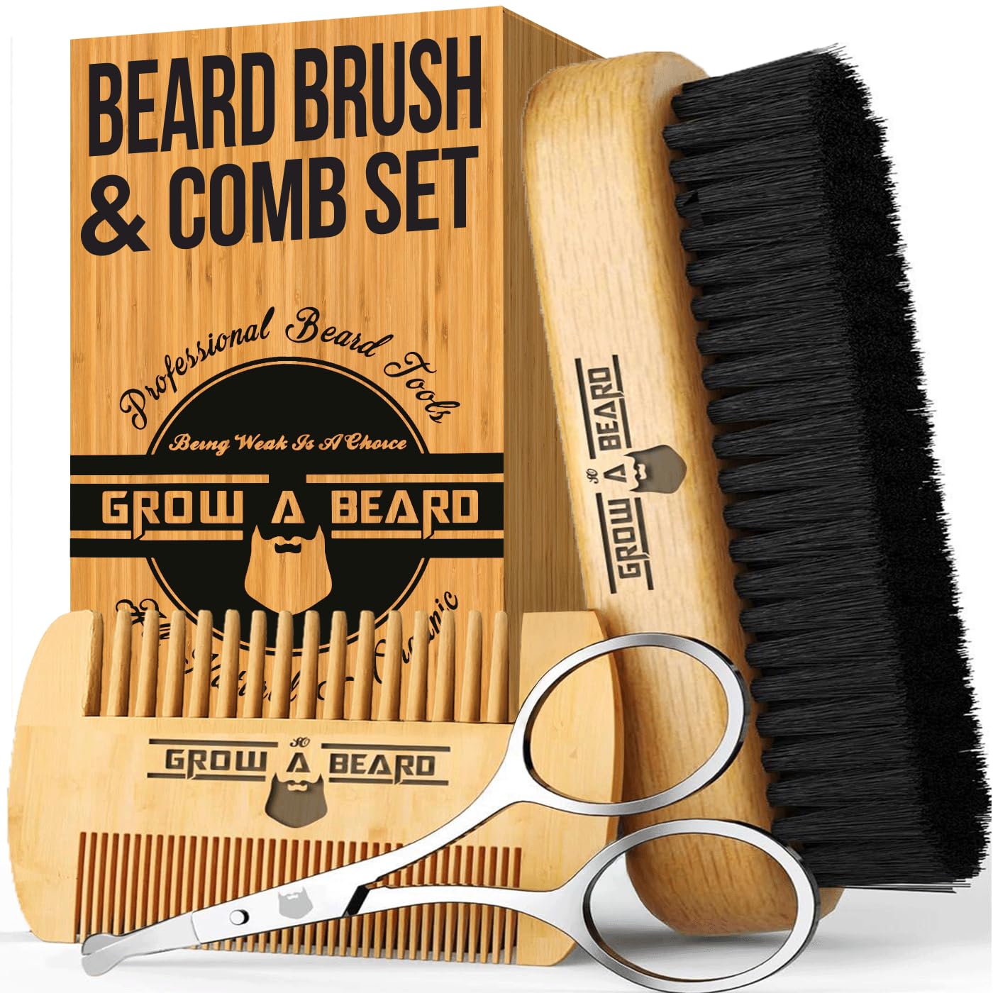 Beard Brush For Men & Beard & Mustache Comb Set with Scissors, Beard Grooming Kit, 100% Natural Boar Bristle Brush, Dual Action Wood Comb, And Travel