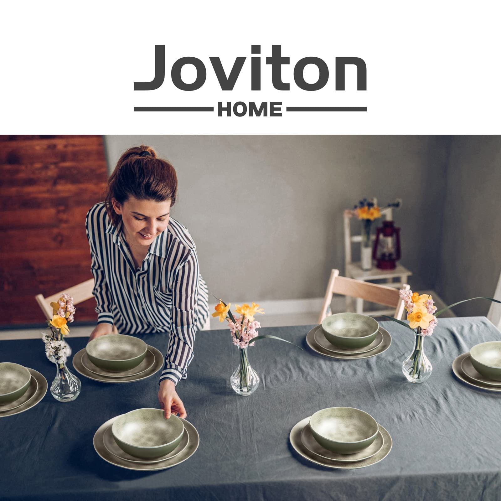 Joviton Home 18PCS Vintage Greenish Gray Melamine Dinnerware Sets for 6, Outdoor Plates and Bowls Sets (Green Crackle)