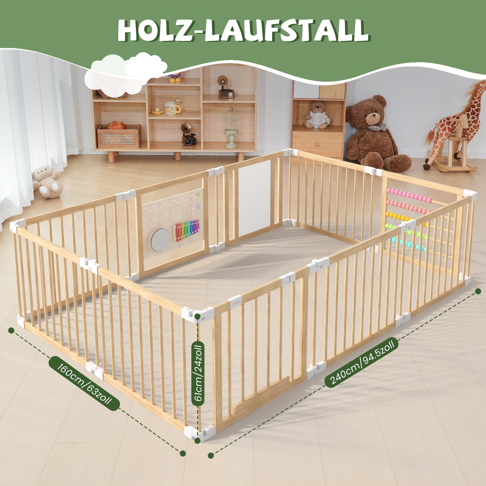 240x160x61cm Baby Laufgitter klappbar Laufstall Holz Kinder Activity Center mit Tür, musikalischem Spielzeug Krabbelgitter Verformbar Absperrgitter für Kinder (10 Paneele)