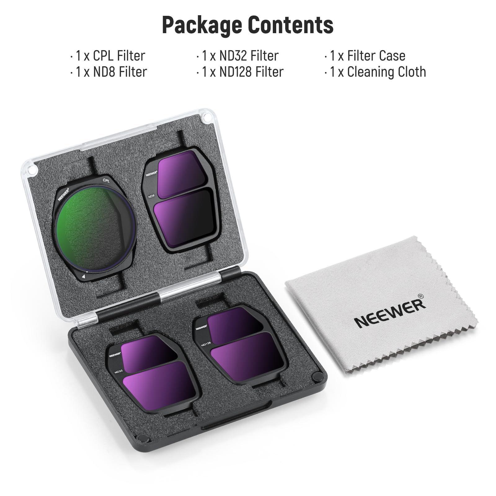 NEEWER Lot de 4 filtres ND compatibles avec DJI Air 3S, ND8 + ND32 + ND128 + CPL Polariseur Circulaire sécurisé à densité Neutre Accessoires pour Drone Verre Optique HD Multicouche Mince FL-A85
