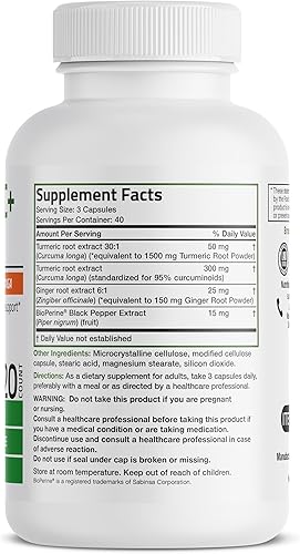 Miniatura 10 de Bronson Cúrcuma + jengibre extra fuerte apoyo para la salud y la digestión de las articulaciones con BioPerine, sin OMG, 60 cápsulas vegetarianas