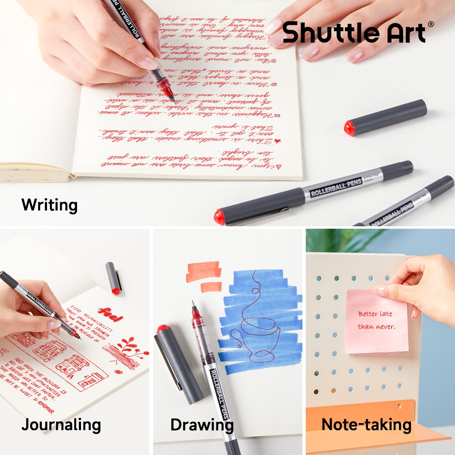 Shuttle Art Lot de 25 stylos à bille à pointe fine rouge à encre liquide de 0,5 mm pour écrire, journal, prise de notes, école, bureau