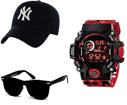 SELLORIA Army Red Digital Watch with Black Sunglass with basboll Cap Black