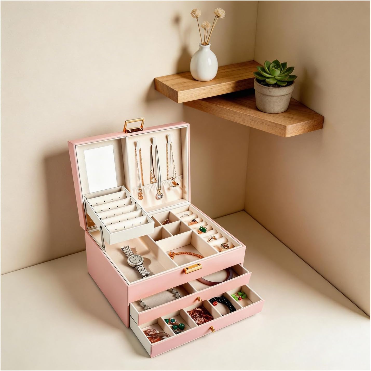 4-Layer Jewelry Box with Mirror & Lock - Multi-Drawer Storage Organizer for Necklaces, Rings, Earrings, Watches (Girl pink)