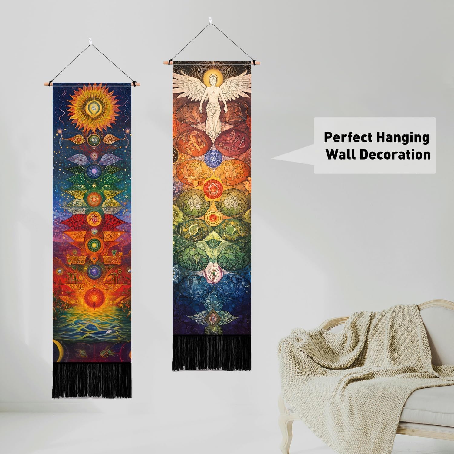 PLIGREAT Arazzo da parete per meditazione chakra, per camera da letto, bagno, soggiorno, dormitorio, lungo, stretto, da appendere alla parete, decorazione artistica per casa e ufficio, confezione da 2