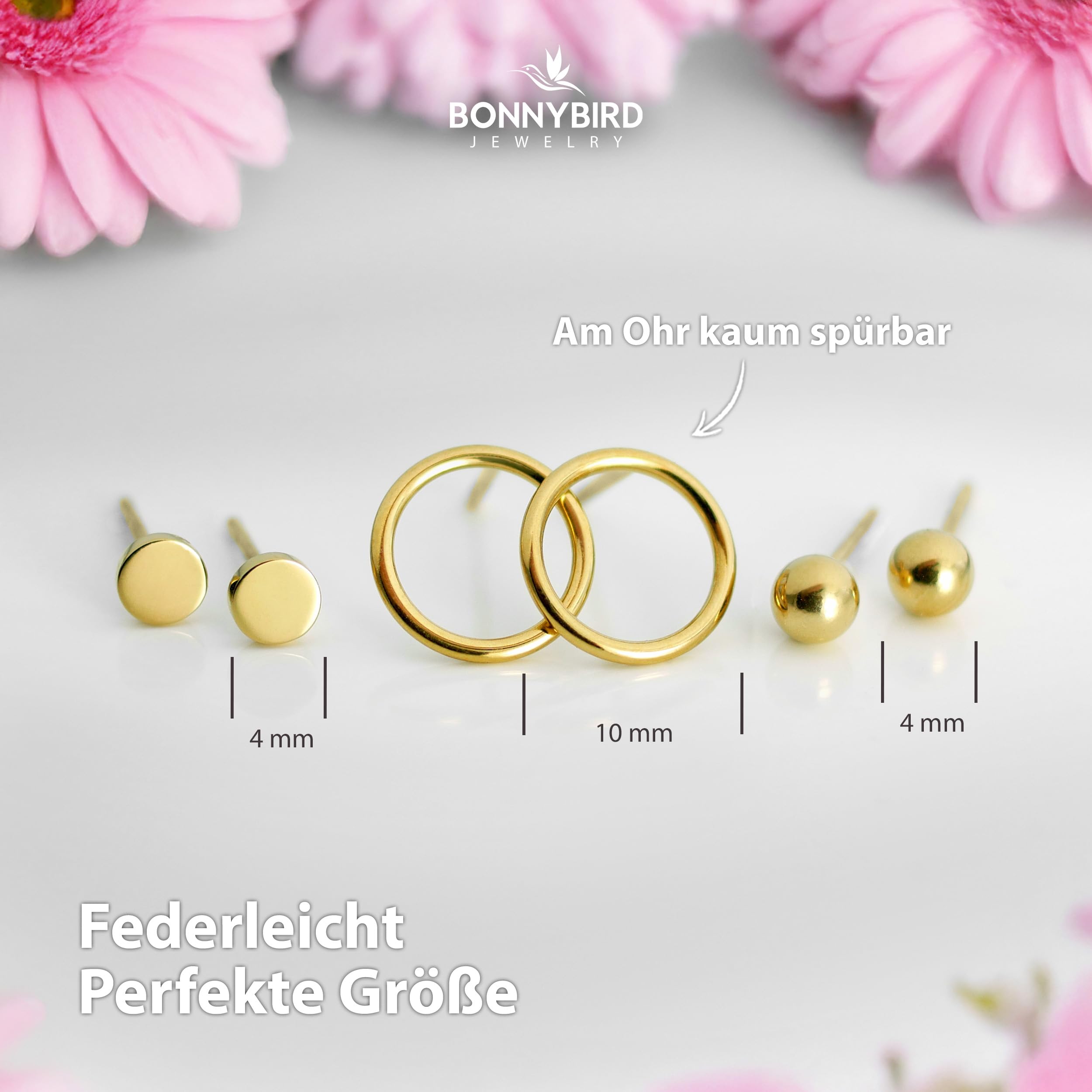 BONNYBIRD® Wasserfeste Edelstahl Ohrringe Damen in Silber, Gold & Roségold, Hypoallergen dank medizinischem Chirurgenstahl, Extra Leicht