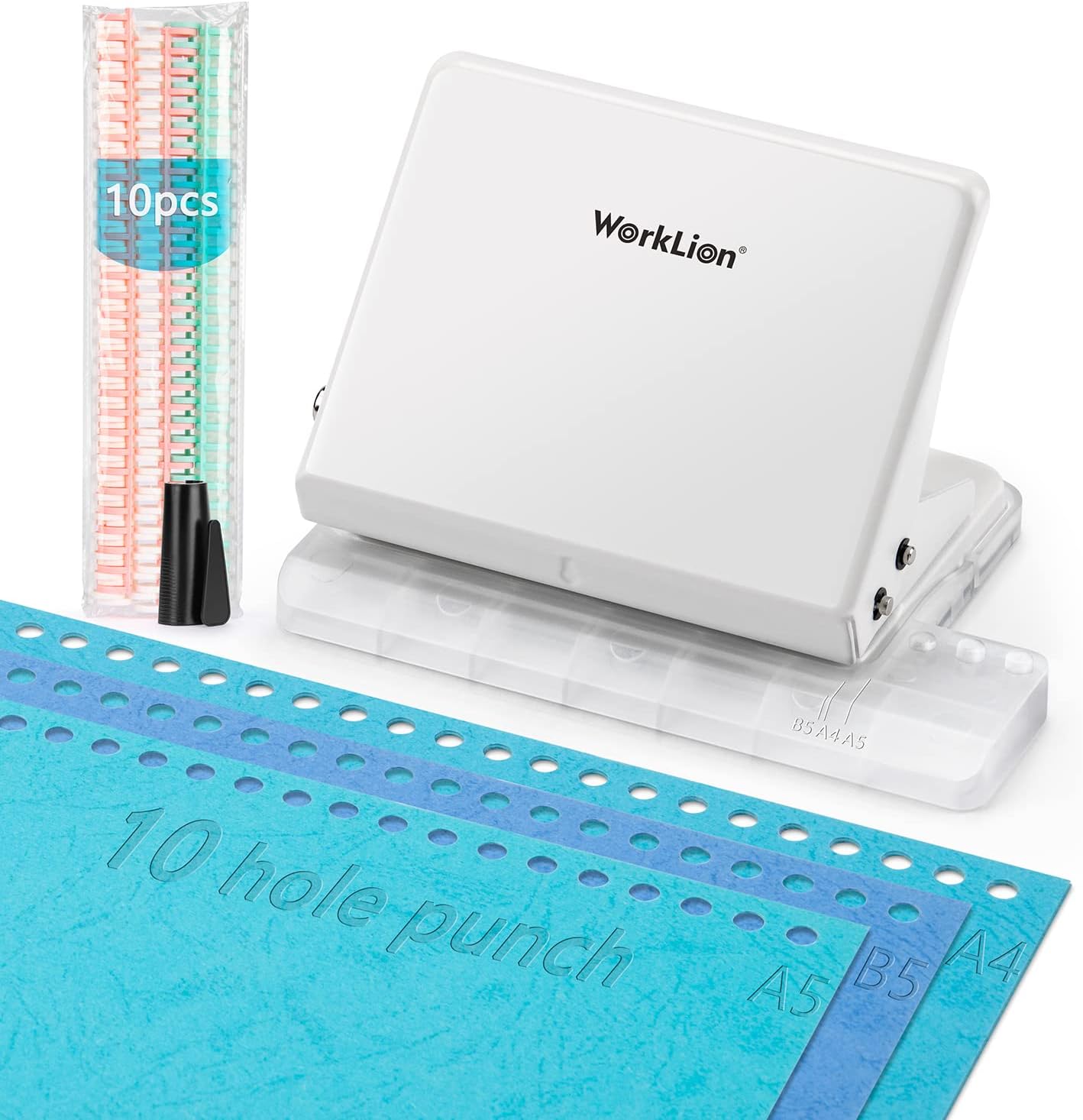 Binding Machine for Planner： WORKLION Metal 10 Hole Punch & Multi Color 30 Hole Loose Leaf Binder Rings(10 pcs) for Making 26 Holes on B5 Paper, 30 Holes on A4, 20 Holes on A5 Book.