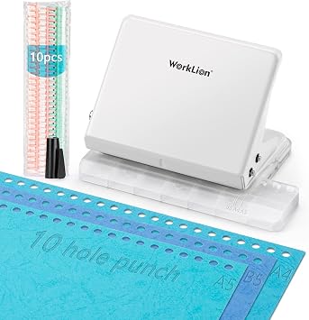 Binding Machine for Planner WORKLION Metal 10 Hole Punch & Multi Color 30 Hole Loose Leaf Binder Rings10 pcs for Making 26 Holes on B5 Paper, 30 Holes on A4, 20 Holes on A5 Book.
