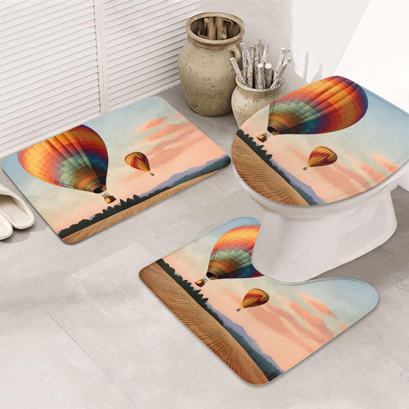 Hot Air Balloon Bathroom Rugs Sets 3 Piece, Soft Absorbent Microfiber Bath Mats U-Shaped Contour Toilet Rug and Toilet Lid Cover Set, Non-Slip Bath
