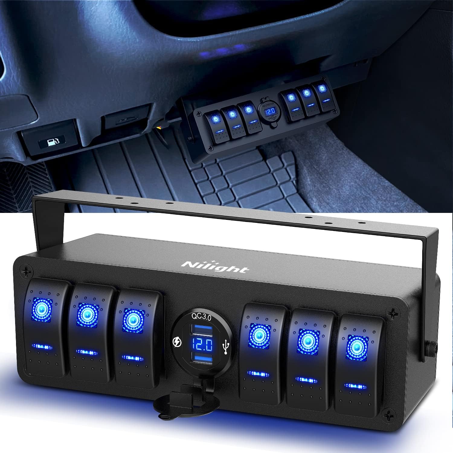 Nilight 6 Gang Rocker Switch Box 12V SPST ON Off Switch QC 3.0 USB Charger Voltmeter Waterproof Aluminum Rocker Switch Panel Night Glow Stickers for Boats Cars RVs Trucks, 2 Years Warranty,Blue