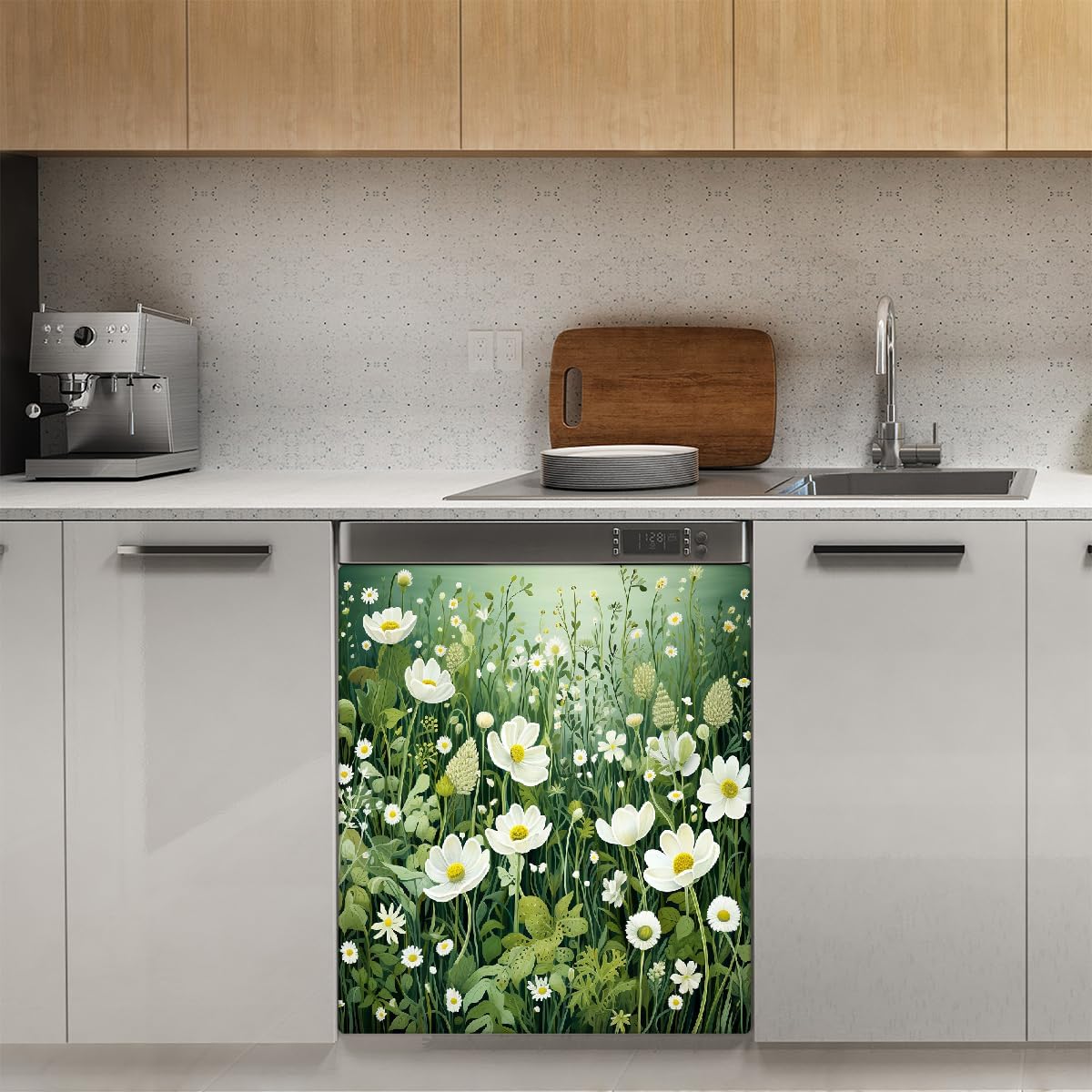 Green Floral Dishwasher Magnet Cover Decorative Refrigerator Covers Magnetic Reusable Dishwasher Door Cover Kitchen Appliance Sticker Cover 21x26Inch