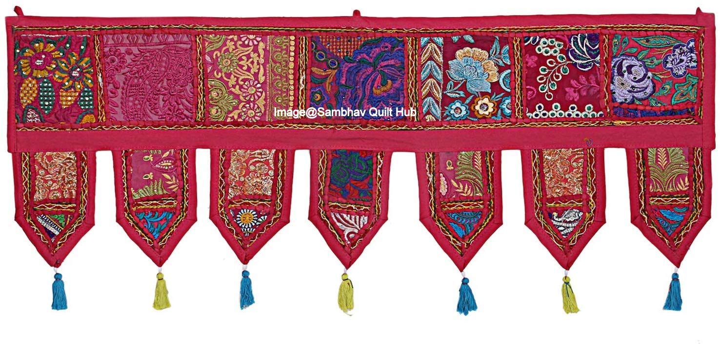 Decoración étnica de algodón para decoración del hogar, estilo vintage, cenefas indias, cenefas bordadas a mano, remiendo toran bohemio, decoración de sala de estar (rojo, 92 x 30 cm)