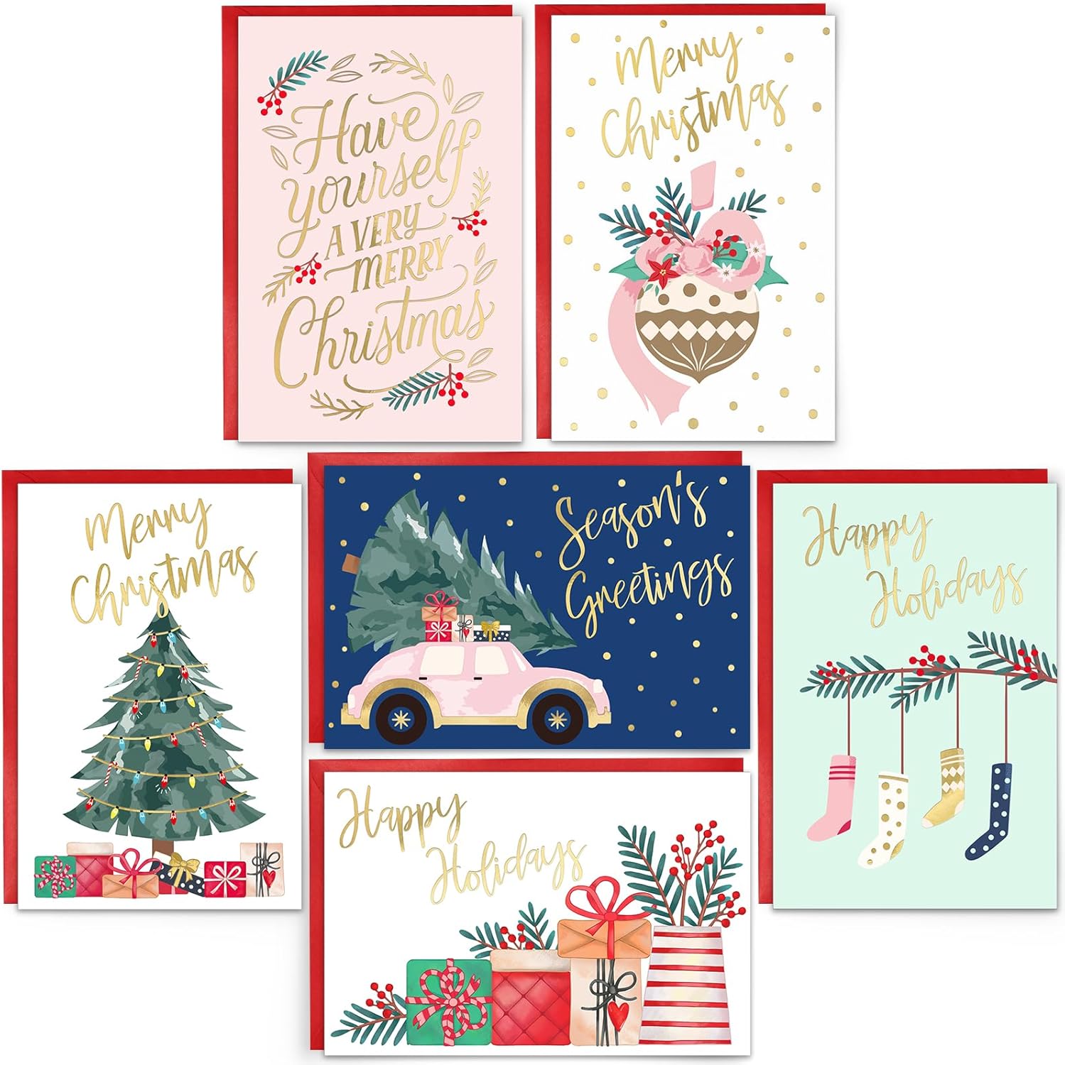 24 Pack Gold Foil Christmas Cards with Envelopes and Inside Messages 6 Assorted Designs Christmas Cards Bulk for Friends, Family, Kids, Boys, Girls.