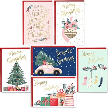 BGTCARDS 24 Pack Gold Foil Christmas Cards with Envelopes and Inside Messages 6 Assorted Designs Christmas Cards Bulk for Friends, Family, Kids, Boys, Girls.