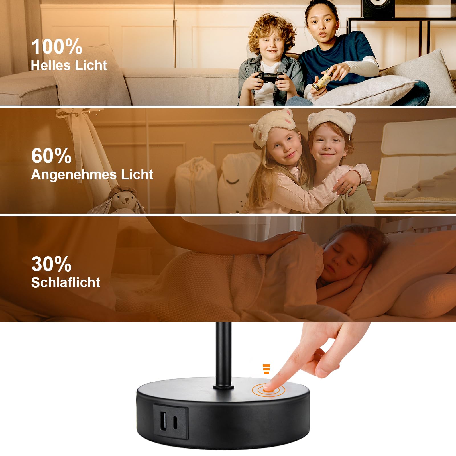 Wondlumi Nachtlampjes, set van 2, voor de slaapkamer, led-tafellamp, touch- dimbaar, met USB-oplaadfunctie, kleine E27 tafellamp zwart met kap, incl. 6 W, warm wit LED-lamp