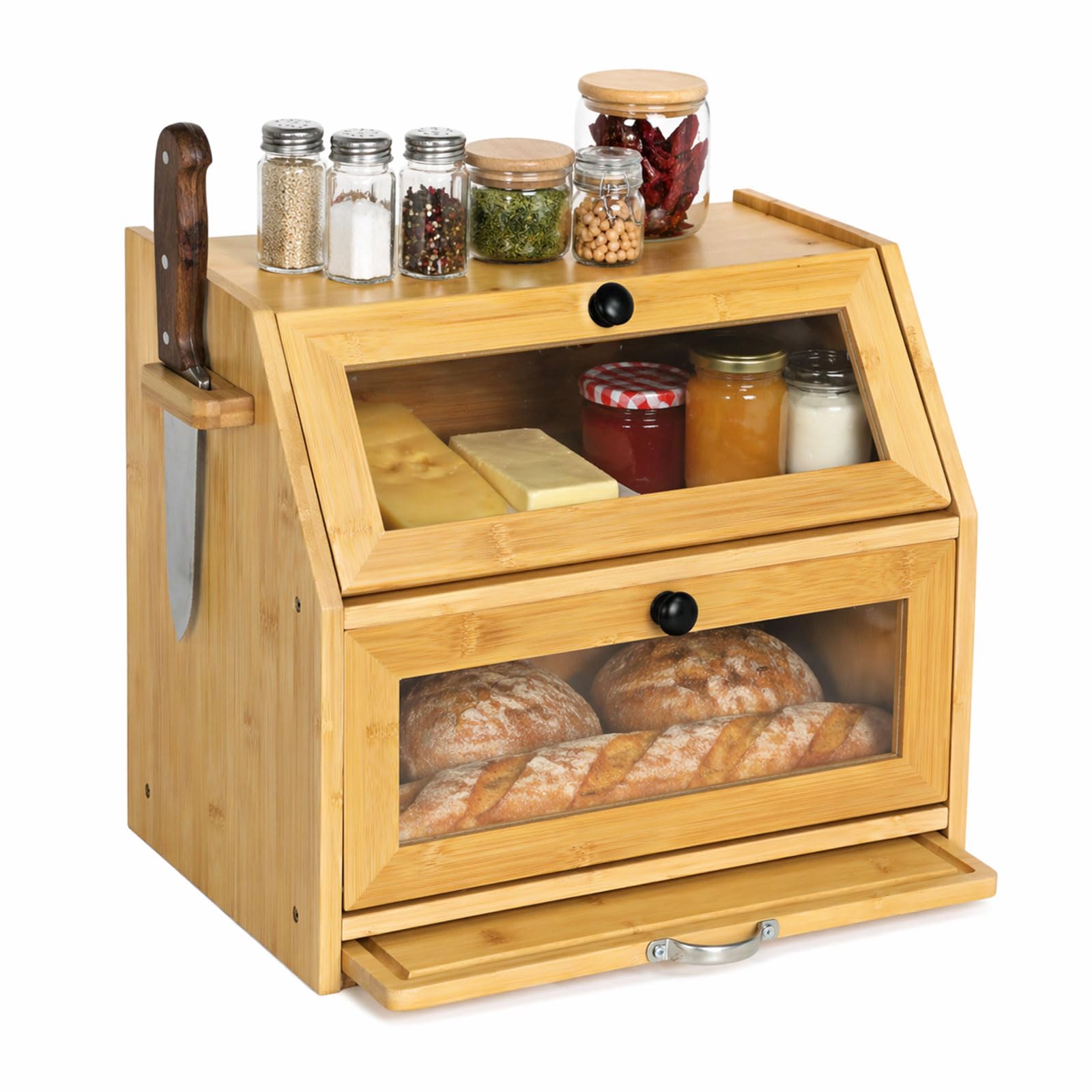 TOQUE 33L Bamboo Bread Bin with Cutting Board, Bread Storage Box, Natural