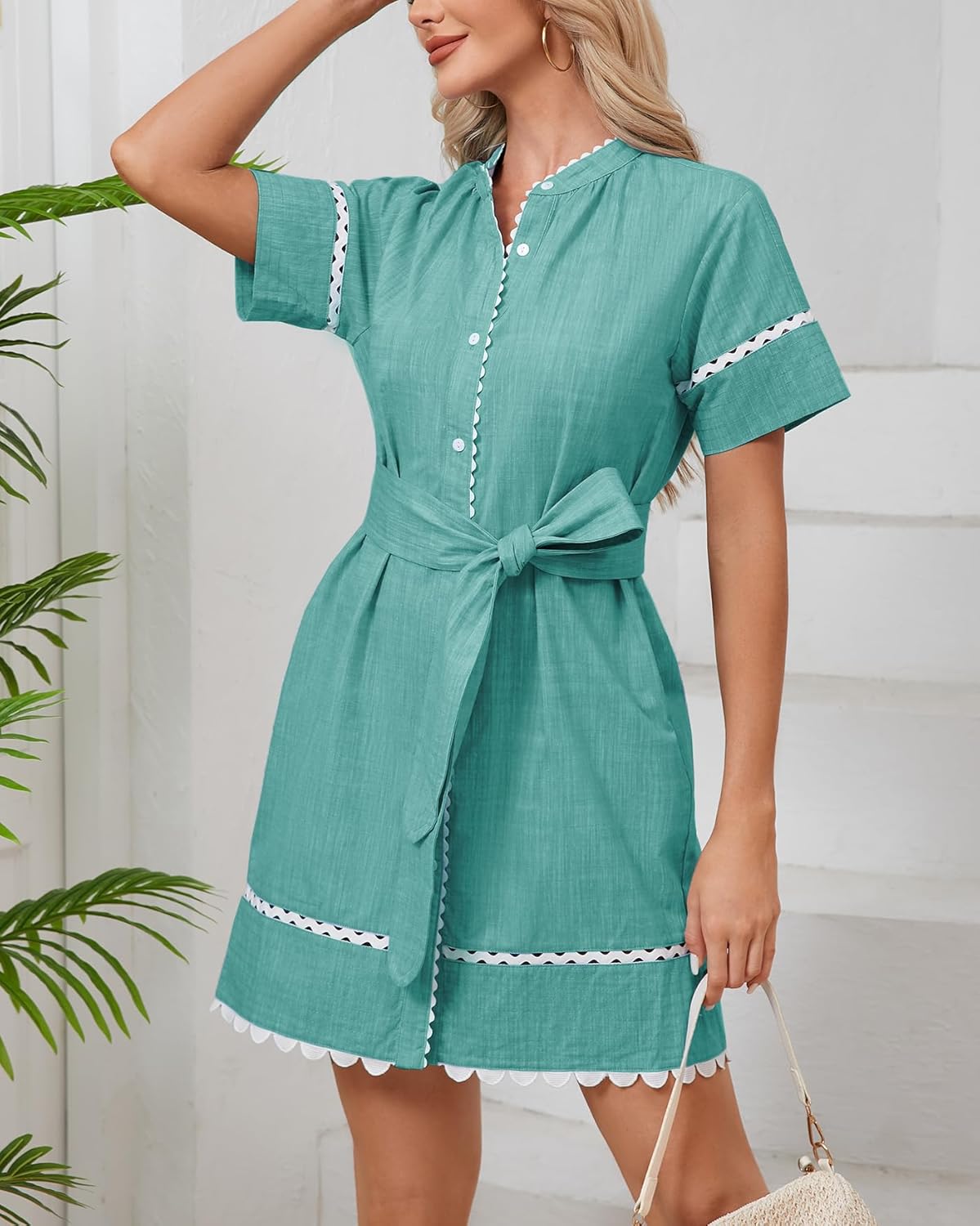 Women's Short Sleeve Summer Shirt Dress Button Down Belted Tunic Mini Dresses RIC Rac Trim Sundress with Pockets - Image 3