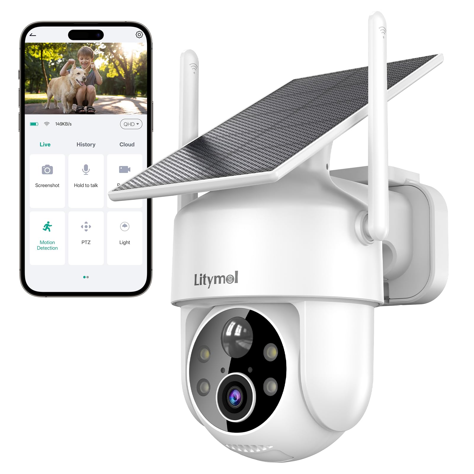 LITYMOL 2K 360° View Security Cameras Wireless Outdoor, Solar Cameras for Home Security, Color/IR Illumination Night Vision, AI Detection, 2-Way Audio
