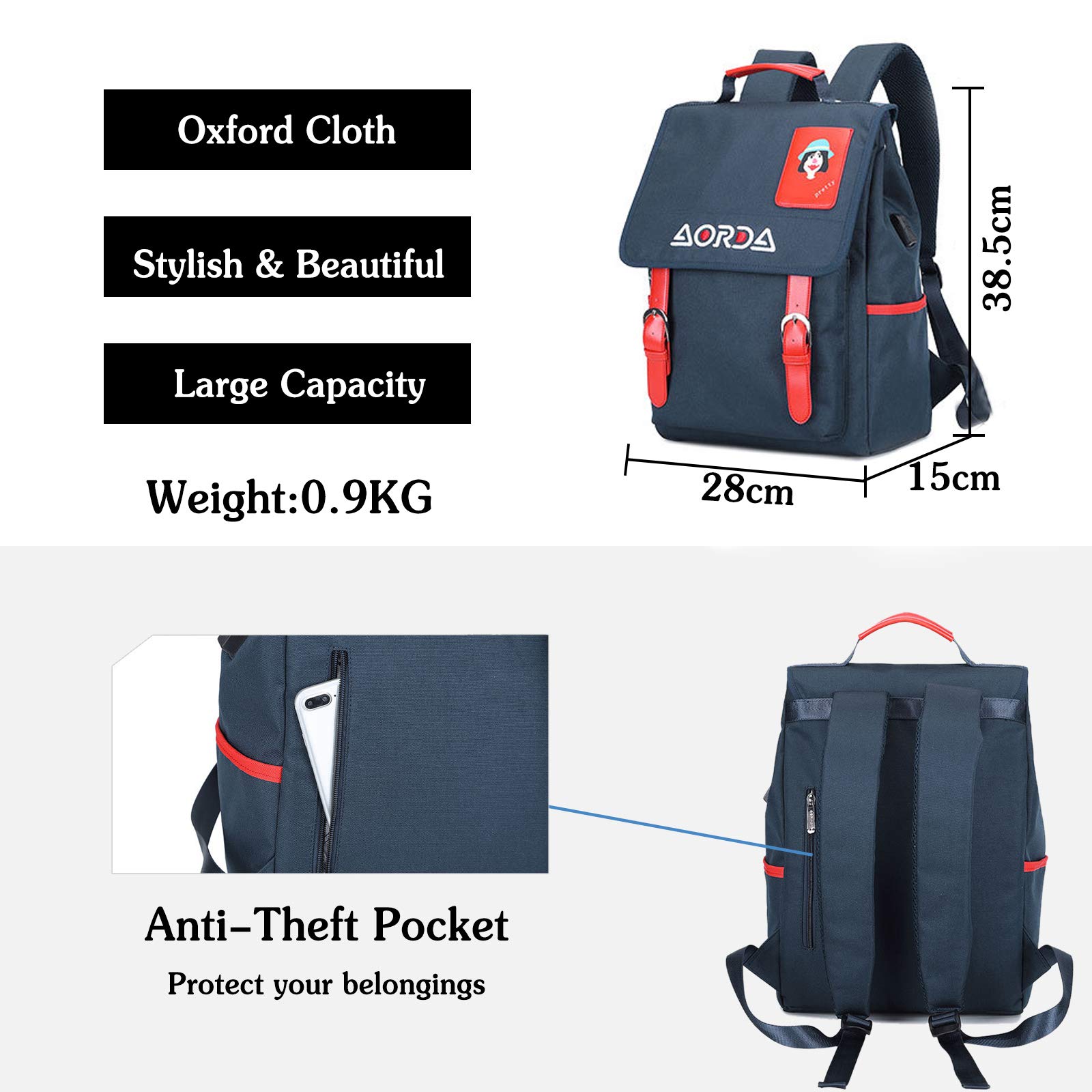 FANDARE Damski plecak modny plecak dzienny z przyłączem USB do ładowania, dla dziewcząt, torba szkolna, na laptopa o przekątnej ekranu 15,6", plecak podróżny, do szkoły, na zakupy, randkę, tornister,
