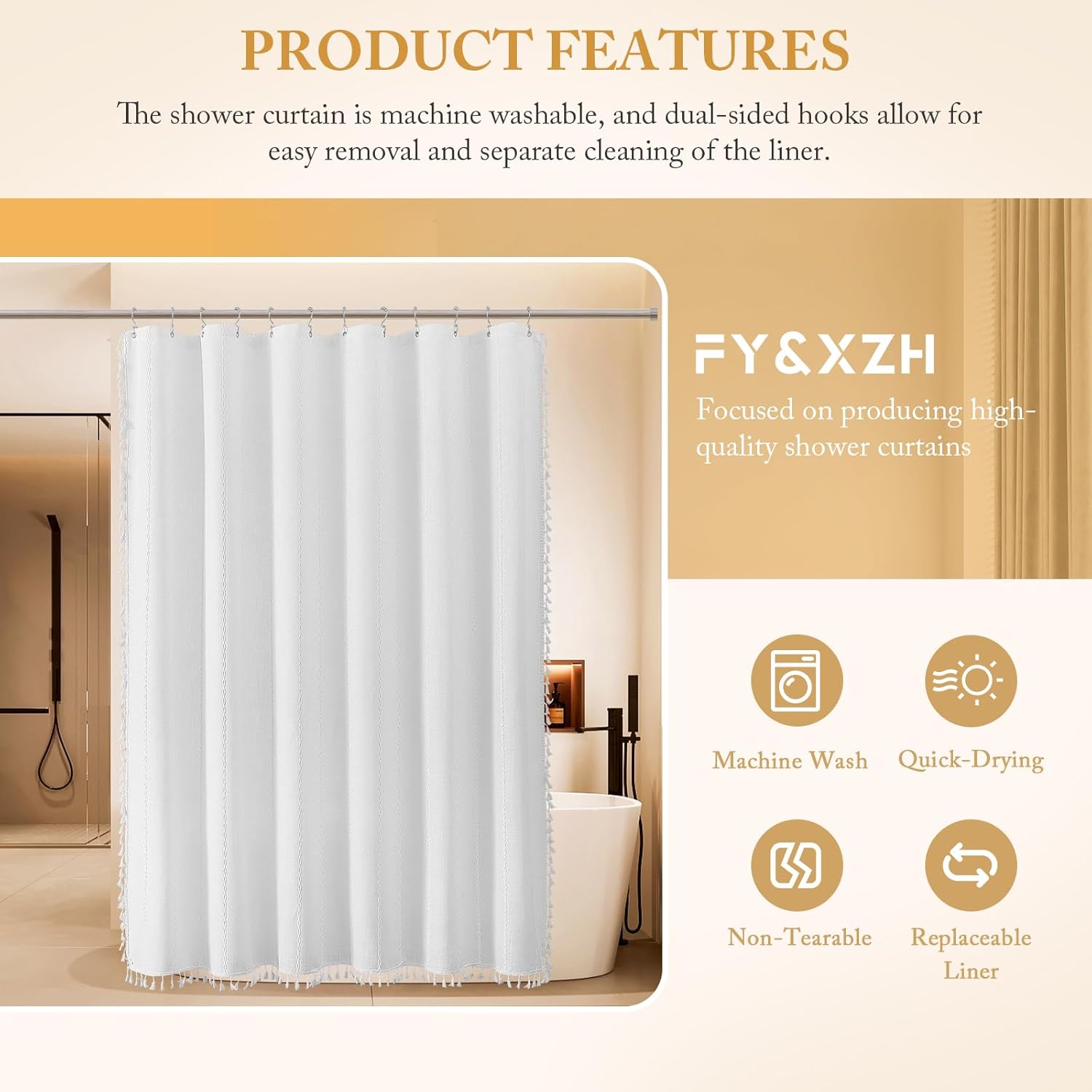 FY&XZH Boho Farmhouse Shower Curtain with Tassel - Striped Polyester Linen Blend Fabric Shower Curtain Set with PEVA Liner,Waterproof Curtain for Bathroom (12 PCS Hooks, White)