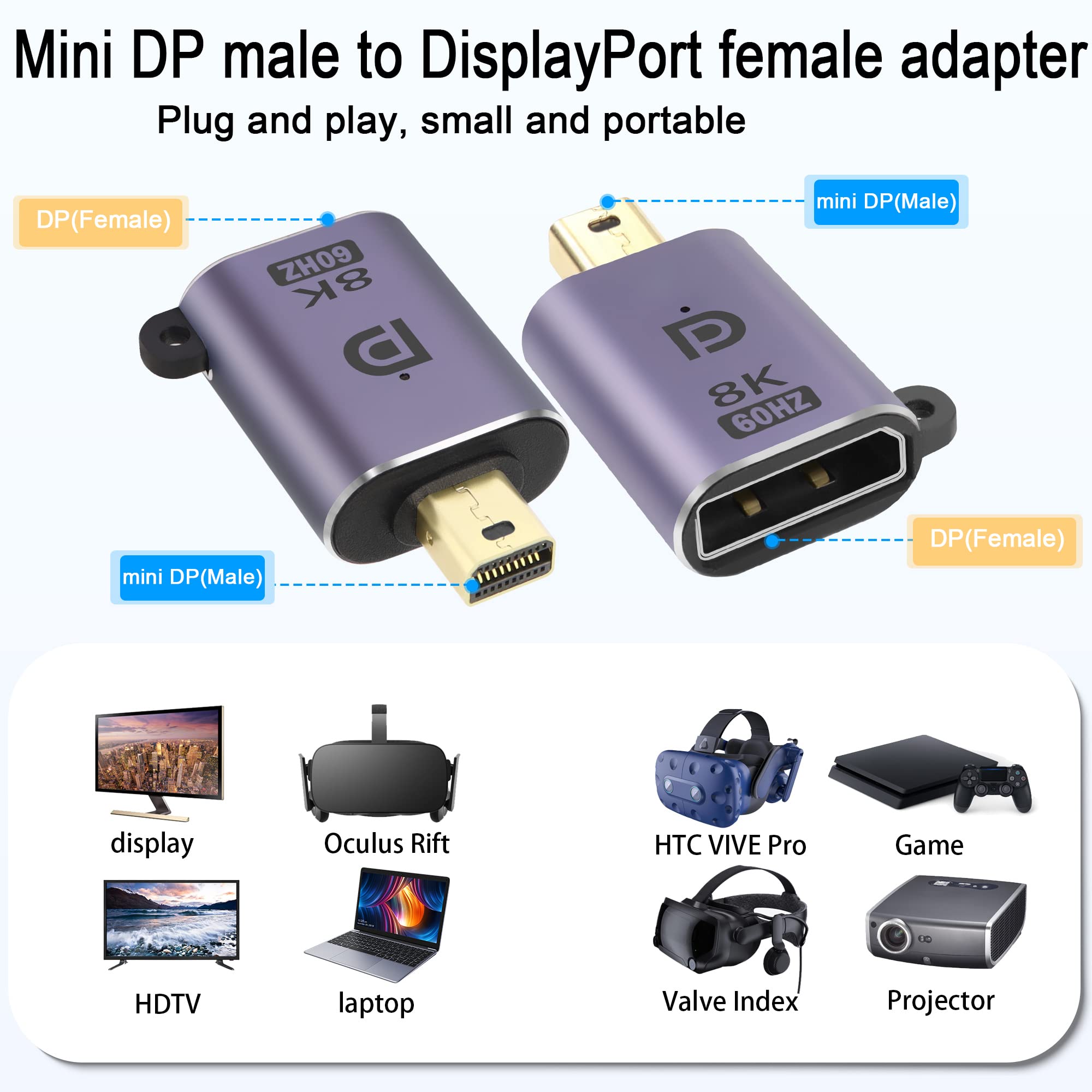 Adattatore DisplayPort 1.4 Maschio-femmina 8K 60Hz - Con LED E Foro Appendino