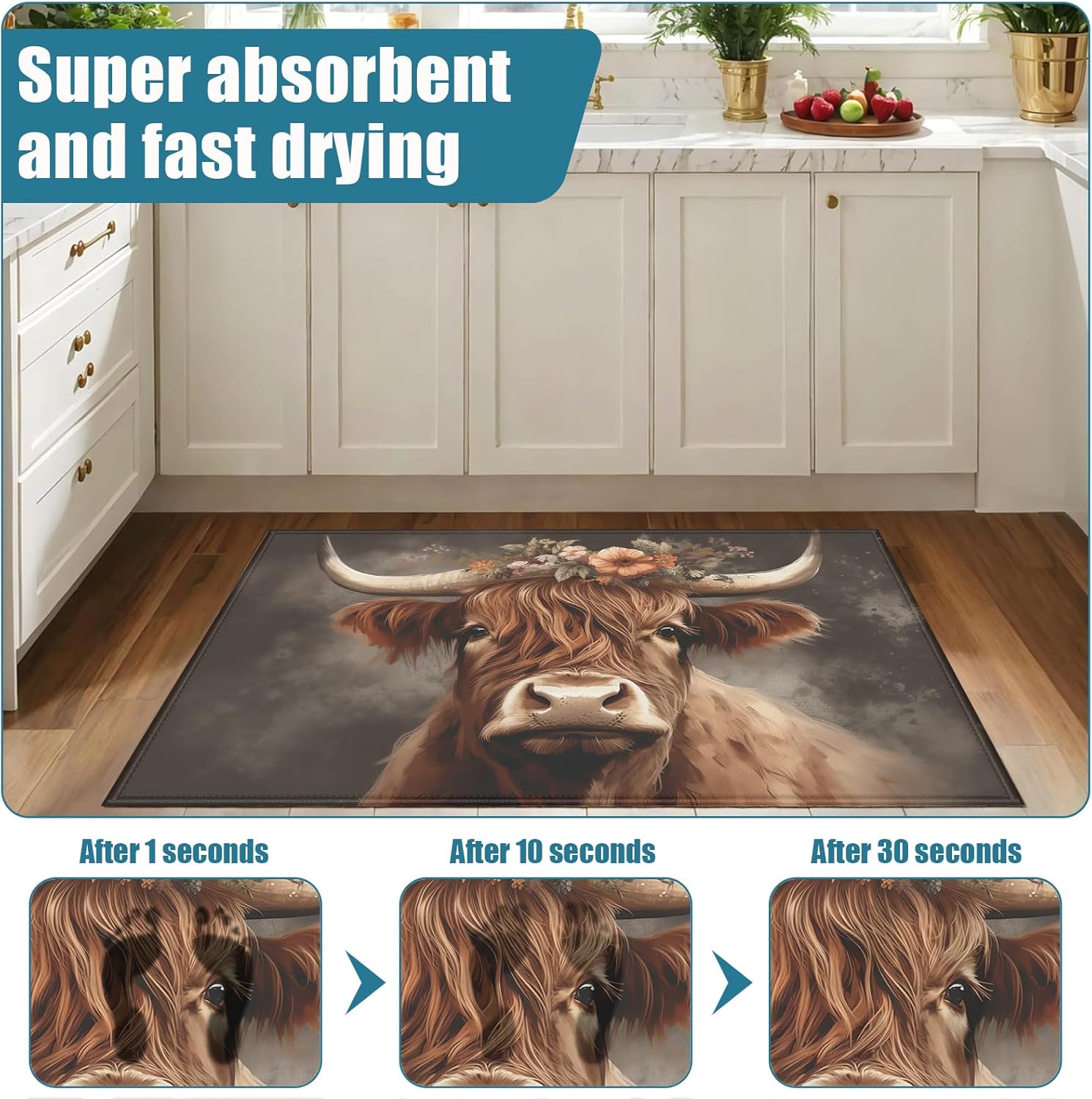 Highland Cow Floral Indoor Door Mat, Outdoor Entrance Doormat for Entryway Kitchen Bathroom 17 X 29 Inch