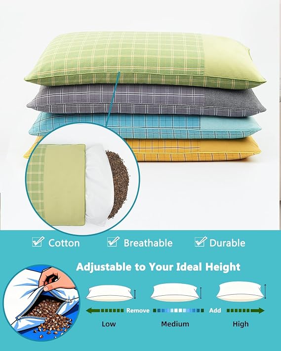 Adjustable Buckwheat Sleeping Pillow Customizable Loft Cool Cervical Support Pillow for All Sleep Positions, Flat Rectangular Cube Design (23.6x13.7, Blue)
