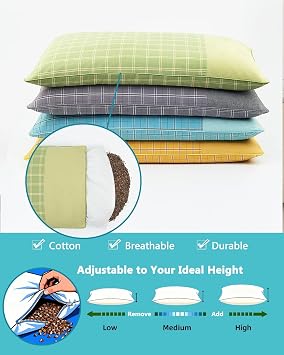 Adjustable Buckwheat Sleeping Pillow Customizable Loft Cool Cervical Support Pillow for All Sleep Positions, Flat Rectangular Cube Design (23.6x13.7, Blue)