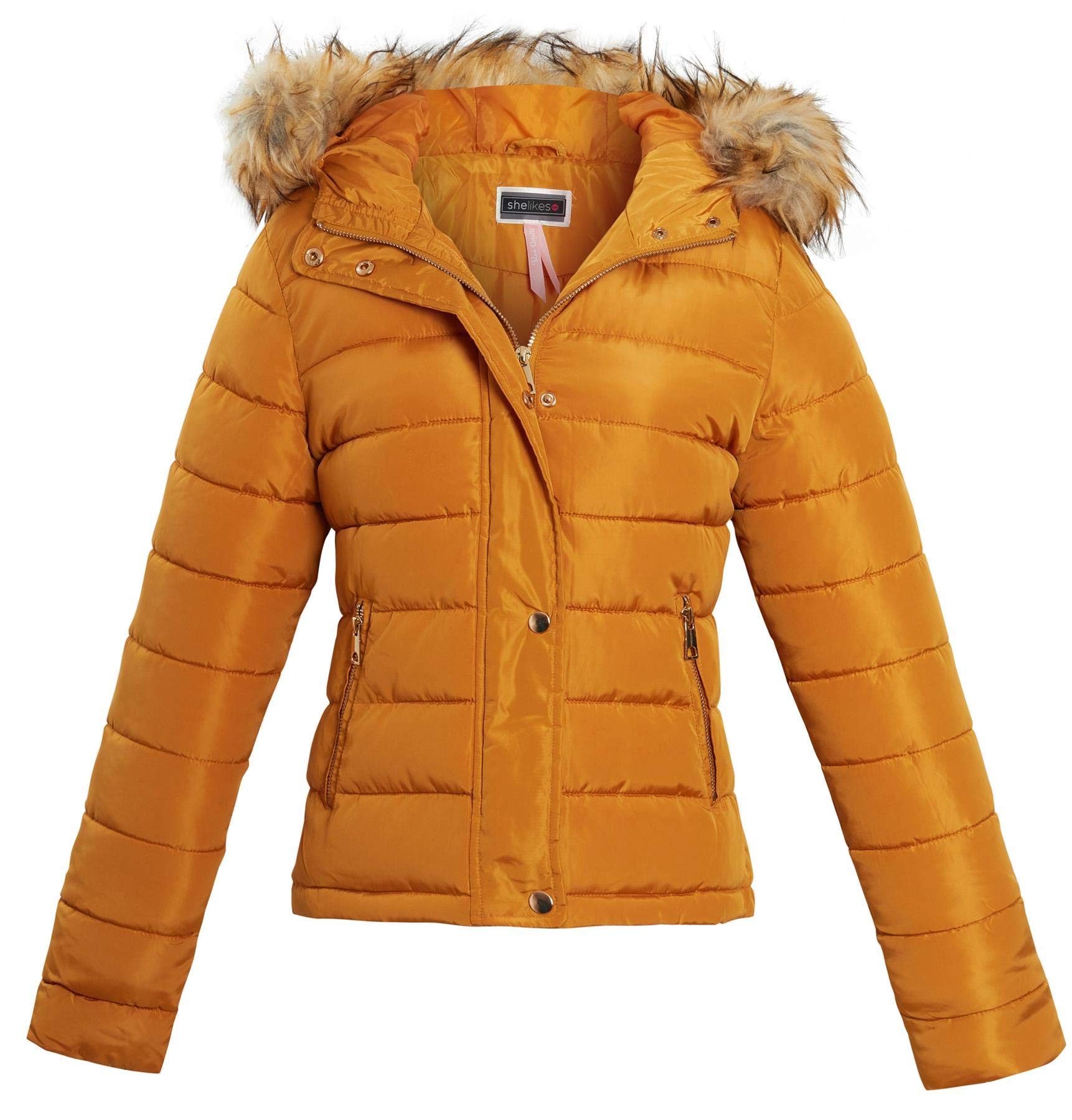 shelikes Womens Winter Jackets Quilted Padded Coat Warm Faux Fur Hooded Parka Jacket For Ladies