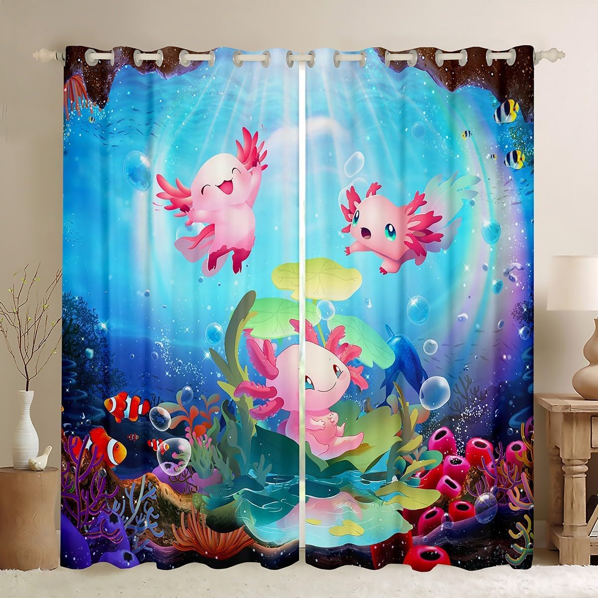 Nautical Animal Window Curtains Cartoon Sailing Boat Watercolor Lighthouse Window Drapes for Kids Boys Girls Teens Tie Dye Sea Waves Graffiti Curtains for Living Room 2 Panels 42Wx63L